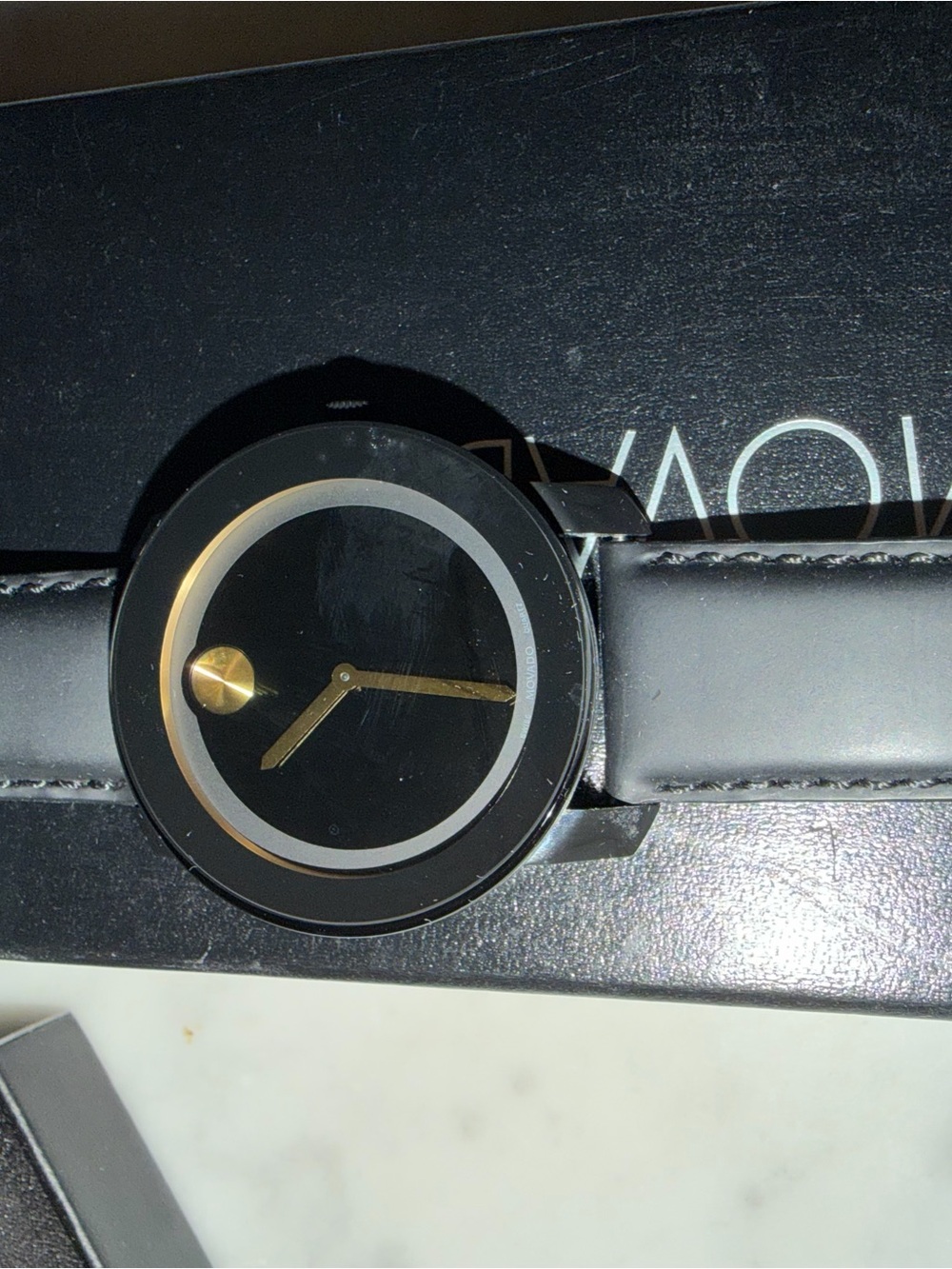 Movado Black Dial with Gold Accents Leather Watch - Picture 3 of 6